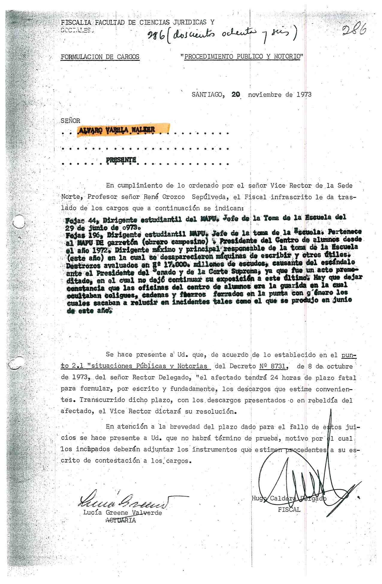 Formulación de cargos contra Álvaro Varela tras el golpe de Estado.