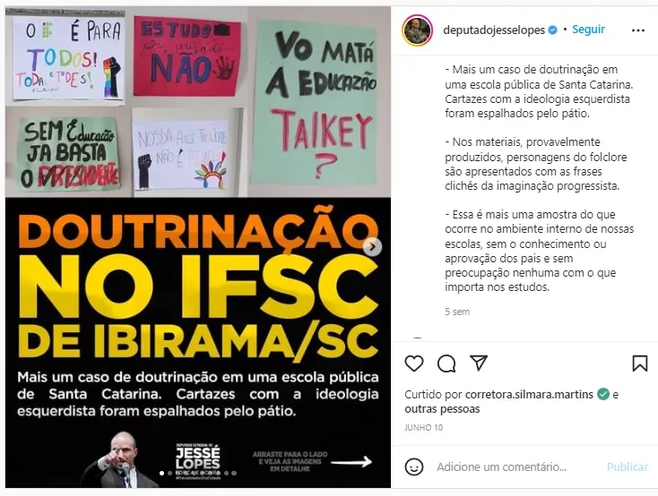 El diputado estatal Jessé Lopes, del partido de Bolsonaro, hizo que los ataques a los profesores de la CFI cobraran dimensión estatal. Fuente: Agencia Pública. El diputado estatal Jessé Lopes, del partido de Bolsonaro, hizo que los ataques a los profesores de la CFI cobraran dimensión estatal