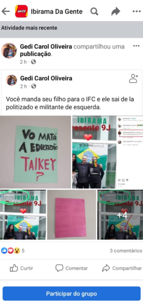 Publicación de Oliveira en el grupo Ibirama Urgente. Fuente: Agencia Pública. Publicación de Oliveira en el grupo Ibirama Urgente