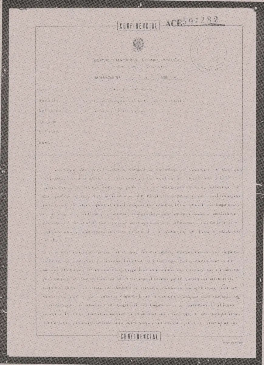 Documento del Servicio Nacional de Información sobre las inversiones de Fiat en la unidad de Betim. Documento del Servicio Nacional de Información sobre las inversiones de Fiat en la unidad de Betim.