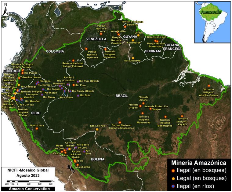El mapa muestra las zonas donde se ha instalado la minería en la Amazonía. Fuente: MAAP.