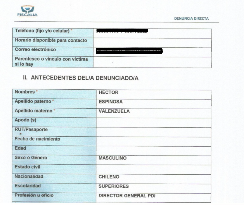Denuncia en Fiscalía en contra del director nacional de la PDI, Héctor Espinosa, por encubrimiento de los funcionarios previamente denunciados por el detective Patricio Sánchez. Denuncia en Fiscalía en contra del director nacional de la PDI, Héctor Espinosa, por encubrimiento de los funcionarios previamente denunciados por el detective Patricio Sánchez.