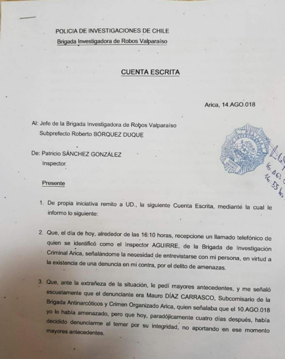 Cuenta escrita en la cual el detective Sánchez denuncia ofrecimiento de 300 millones de pesos por su silencio de parte de otro funcionario de la institución, la denuncia se acompaña con evidencia de llamada recibida por WhatsApp.