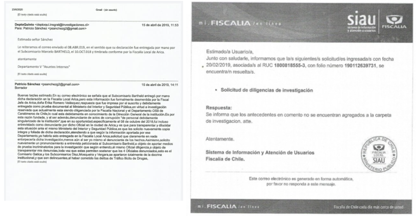 En la primera imagen, la PDI informa haber entregado antecedentes a Fiscalía por denuncia de funcionario. En la segunda, Fiscalía señala no haber recibido dichos antecedentes. En la primera imagen, la PDI informa haber entregado antecedentes a Fiscalía por denuncia de funcionario. En la segunda, Fiscalía señala no haber recibido dichos antecedentes.