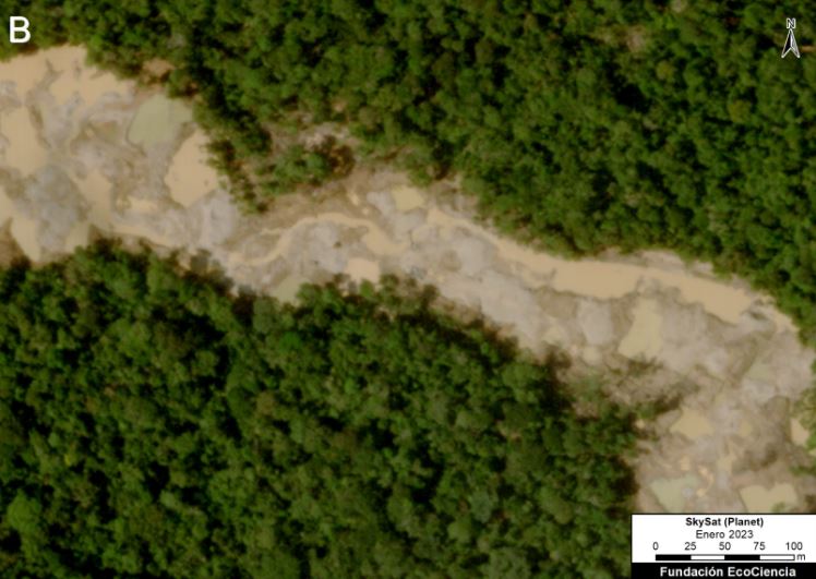 Expansion de mineria aurífera en la Amazonía ecuatoriana. Foto: Skysat Planet / MAAP.