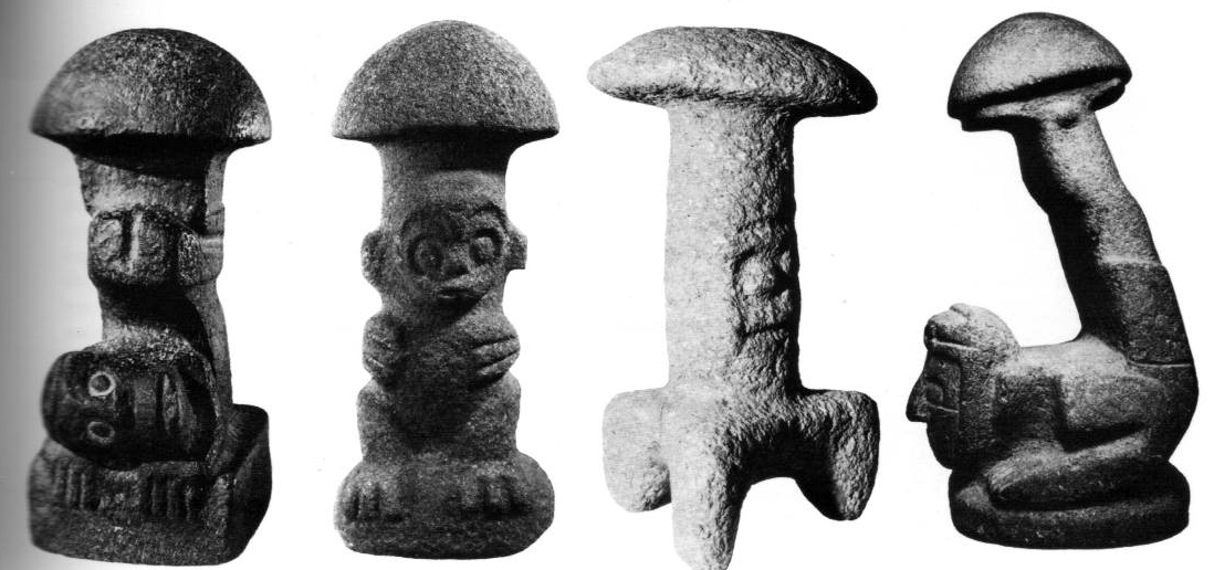 Figuras de piedra con remates de sombrillas de hongos encontradas en la zona maya de Guatemala. Figuras de piedra con remates de sombrillas de hongos encontradas en la zona maya de Guatemala.