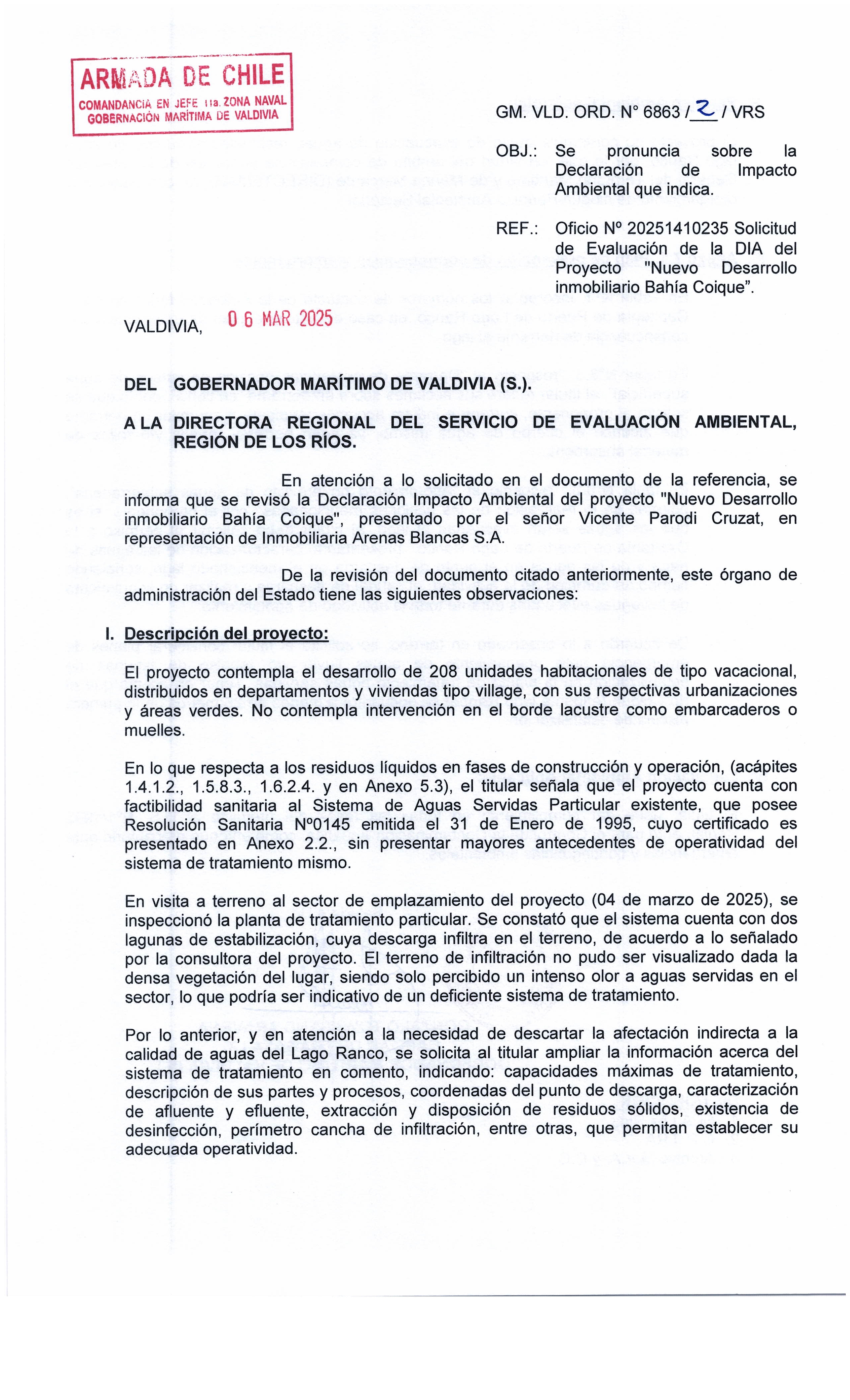 Oficio Gobernación Marítima de Valdivia sobre el proyecto inmobiliario de los Piñera en Bahía Coique