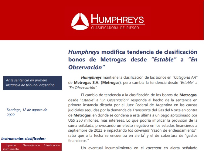 Imagen del comunicado de Humphreys.