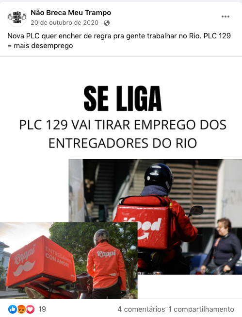 En la página, posts que simulan estar escritos por repartidores critican el movimiento de los trabajadores por más derechos y los proyectos de ley que regularían su trabajo En la página, posts que simulan estar escritos por repartidores critican el movimiento de los trabajadores por más derechos y los proyectos de ley que regularían su trabajo
