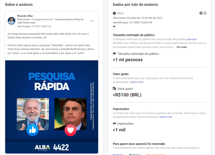 El candidato bolsonarista impulsó una encuesta en Facebook, lo que es un delito. El candidato bolsonarista impulsó una encuesta en Facebook, lo que es un delito.