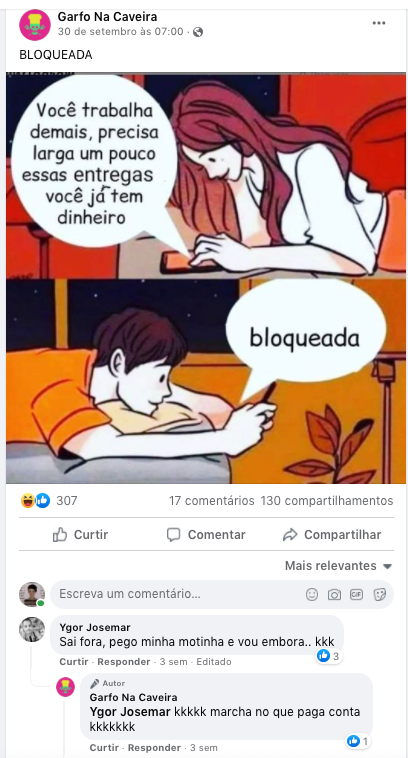 - "Trabajas demasiado, necesitas dejar de lado un poco los repartos. Ya tienes dinero" -"Bloqueada" - "Trabajas demasiado, necesitas dejar de lado un poco los repartos. Ya tienes dinero" -"Bloqueada"