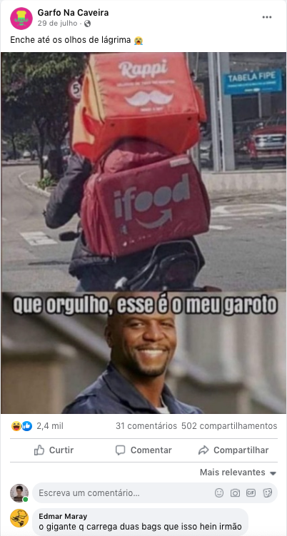 ""Tan orgulloso, ese es mi chico"" - Contenidos creados por las agencias exaltan, en tono de broma y utilizando memes, el excesivo trabajo, las largas horas y las difíciles condiciones, modelo impuesto por las apps de delivery. ""Tan orgulloso, ese es mi chico"" - Contenidos creados por las agencias exaltan, en tono de broma y utilizando memes, el excesivo trabajo, las largas horas y las difíciles condiciones, modelo impuesto por las apps de delivery.