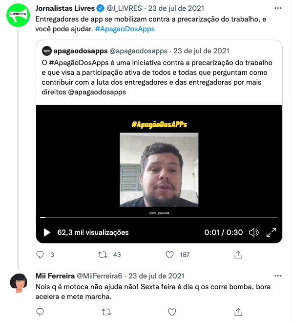 Perfil falso responde a un post de apoyo al movimiento de paro de los repartidores: "A los que somos moteros no nos ayuda, ¡no! El viernes es el día en el que disparan los pedidos, vamos a acelerar" Perfil falso responde a un post de apoyo al movimiento de paro de los repartidores: "A los que somos moteros no nos ayuda, ¡no! El viernes es el día en el que disparan los pedidos, vamos a acelerar"