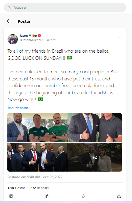 Jason Miller, fundador de Gettr, publicó fotos en apoyo del actual presidente brasileño Jason Miller, fundador de Gettr, publicó fotos en apoyo del actual presidente brasileño