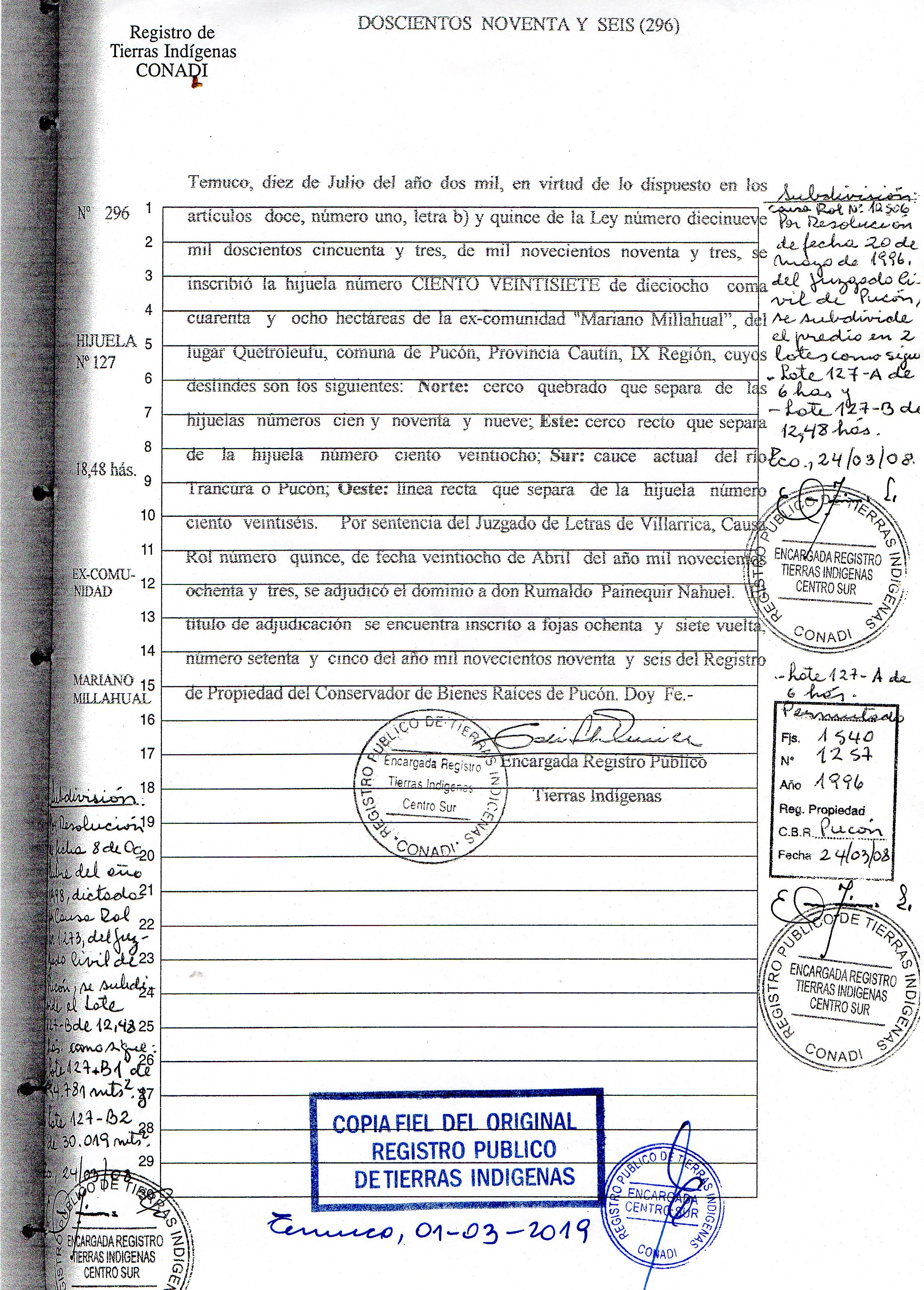 Inscripción de la Hijuela 127 a nombre de Rumaldo Painaquir en el Registro Público de Tierras Indígenas / Interferencia