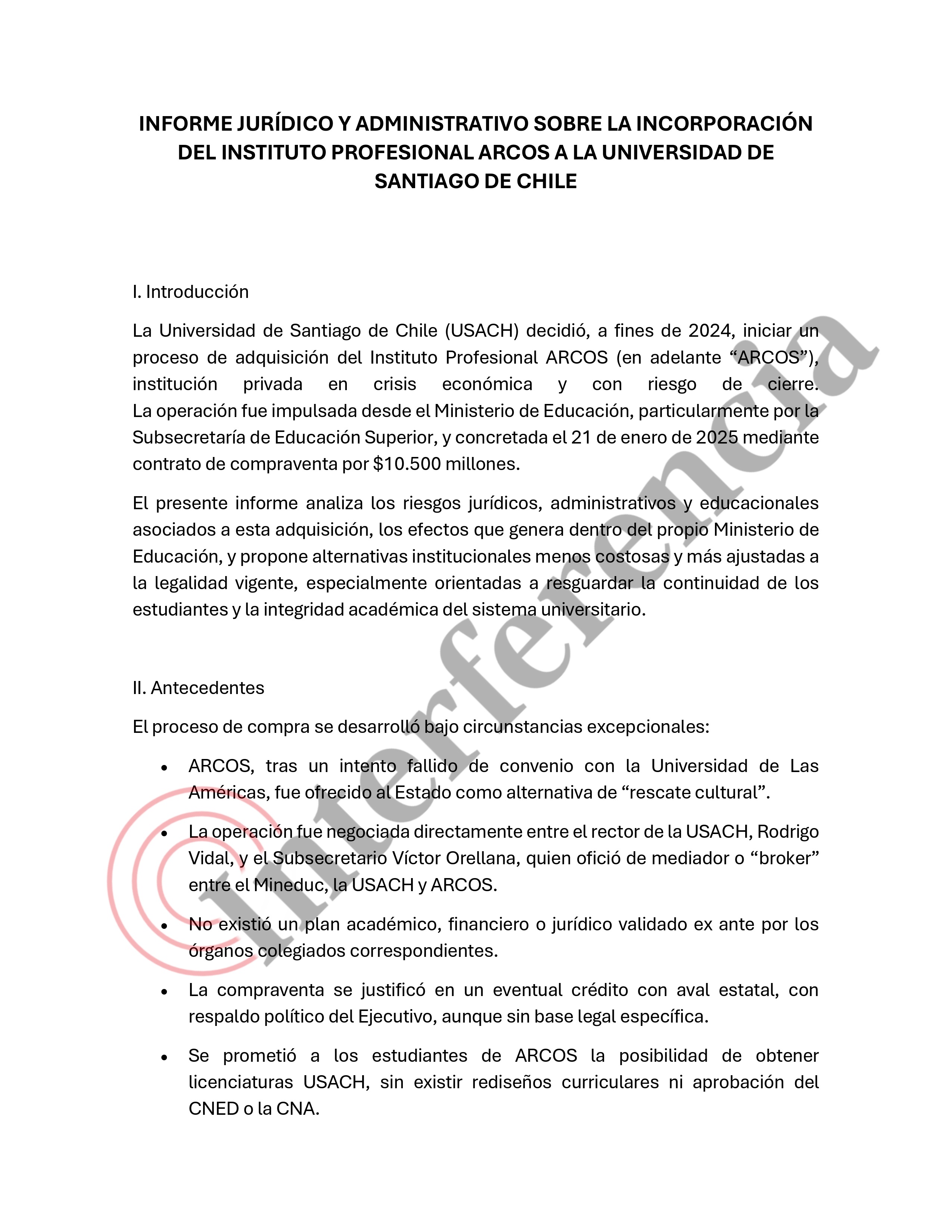 Informe jurídico y administrativo sobre la incorporación del Instituto Profesional Arcos a la Universidad de Santiago de Chile.