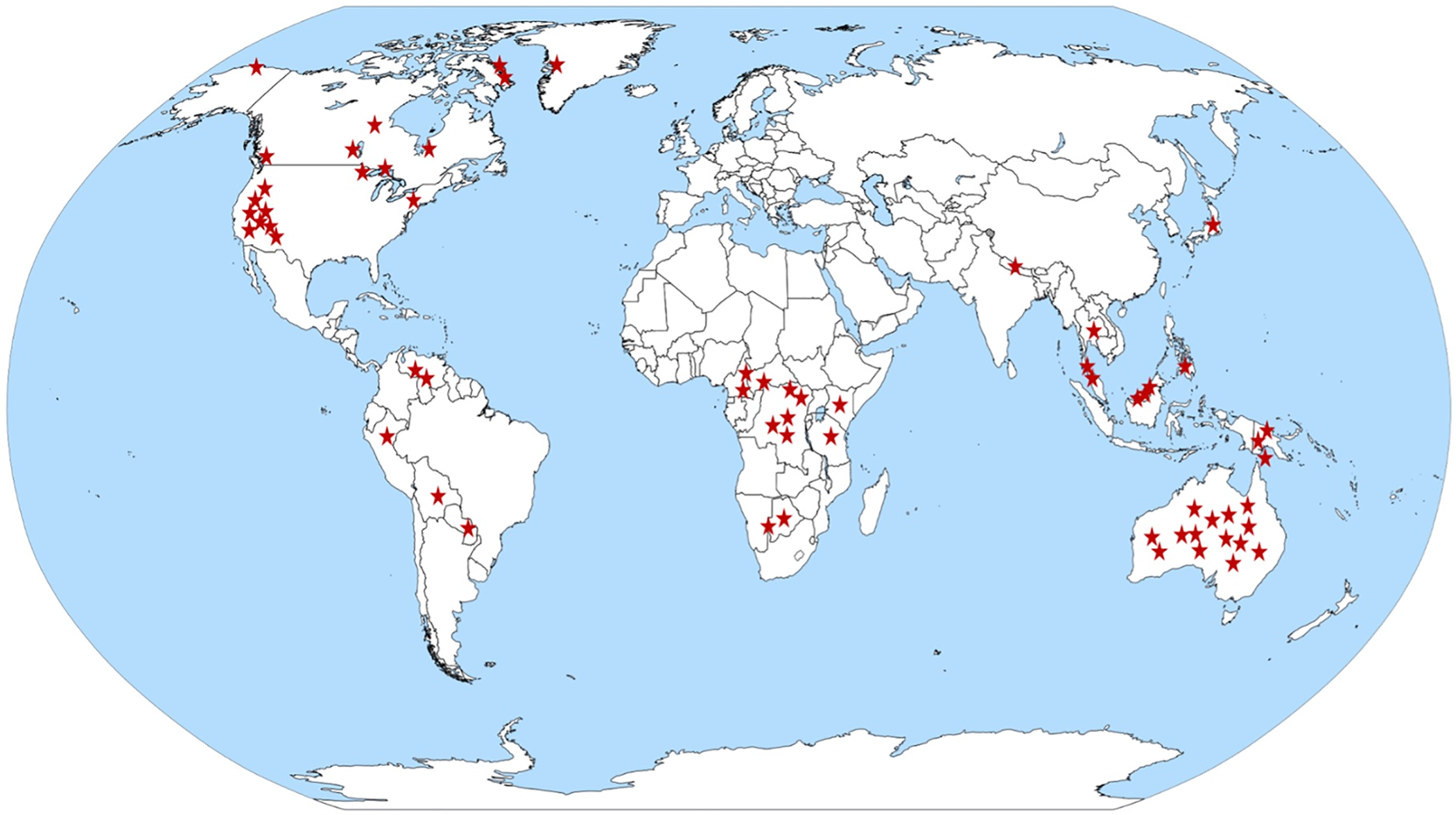 Los 63 pueblos cazadores-recolectores estudiados. Fuente: Anderson, Chilczuk, Nelson, Ruther, Wall-Scheffler Los 63 pueblos cazadores-recolectores estudiados. Fuente: Anderson, Chilczuk, Nelson, Ruther, Wall-Scheffler