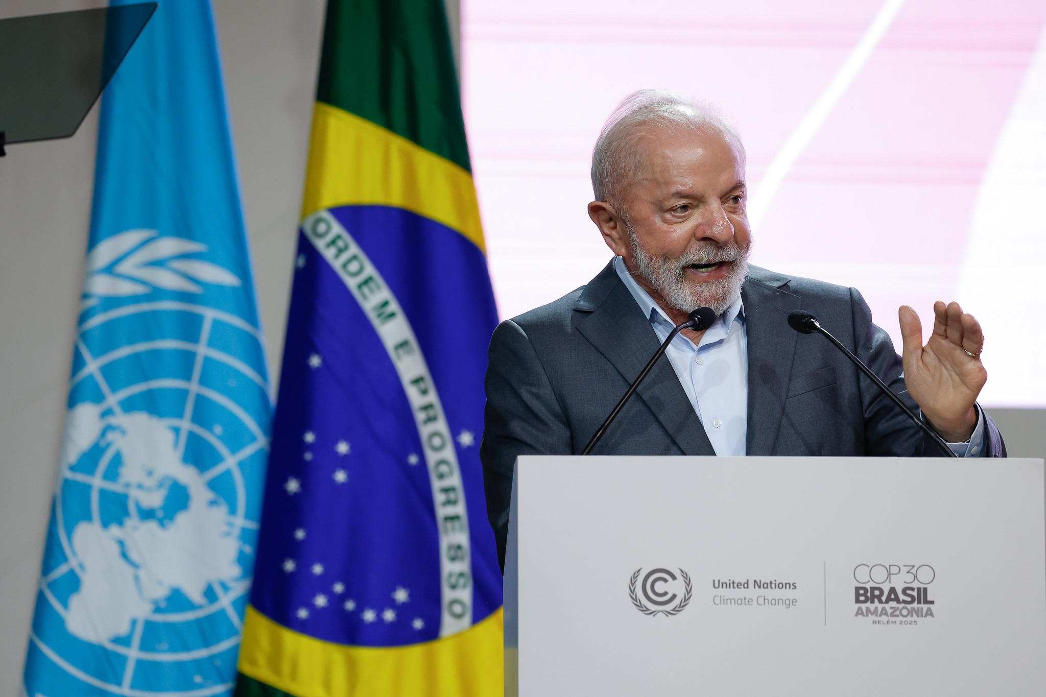 Lula da Silva, durante su discurso de apertura de la COP30, en Belém. Foto: cortesía © UN Climate Change / Zô Guimarães. Lula da Silva, durante su discurso de apertura de la COP30, en Belém.