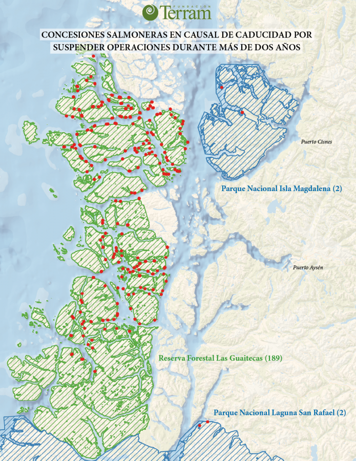 Mapa de las concesiones salmoneras que incurrieron en causal de caducidad por no iniciar operaciones en un año desde la entrega material a sus titulares Mapa de las concesiones salmoneras que incurrieron en causal de caducidad por no iniciar operaciones en un año desde la entrega material a sus titulares