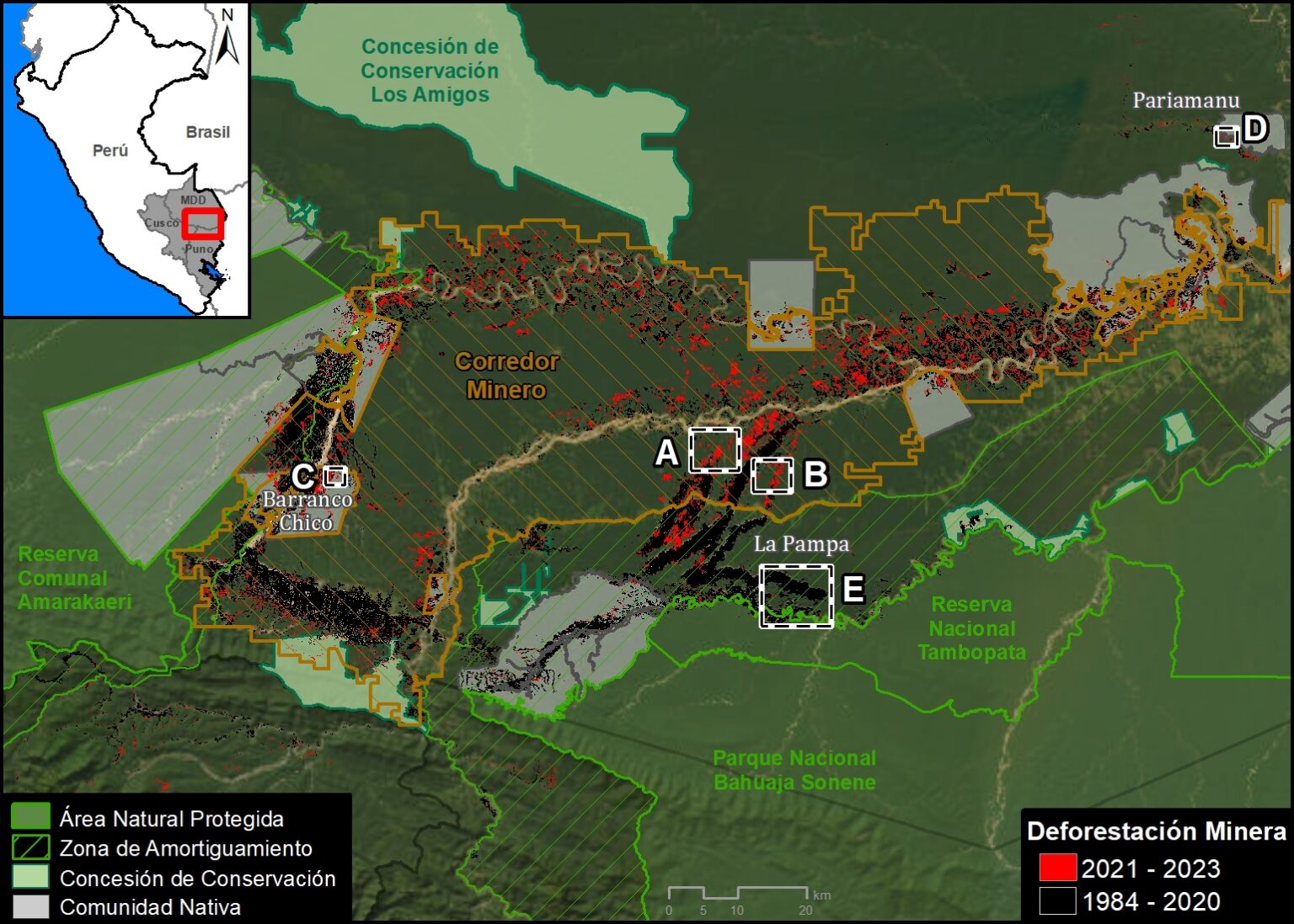 El mapa muestra el incremento de la minería ilegal en Madre de Dios. Fuente: ACCA/MAAP. El mapa muestra el incremento de la minería ilegal en Madre de Dios. Fuente: ACCA/MAAP.