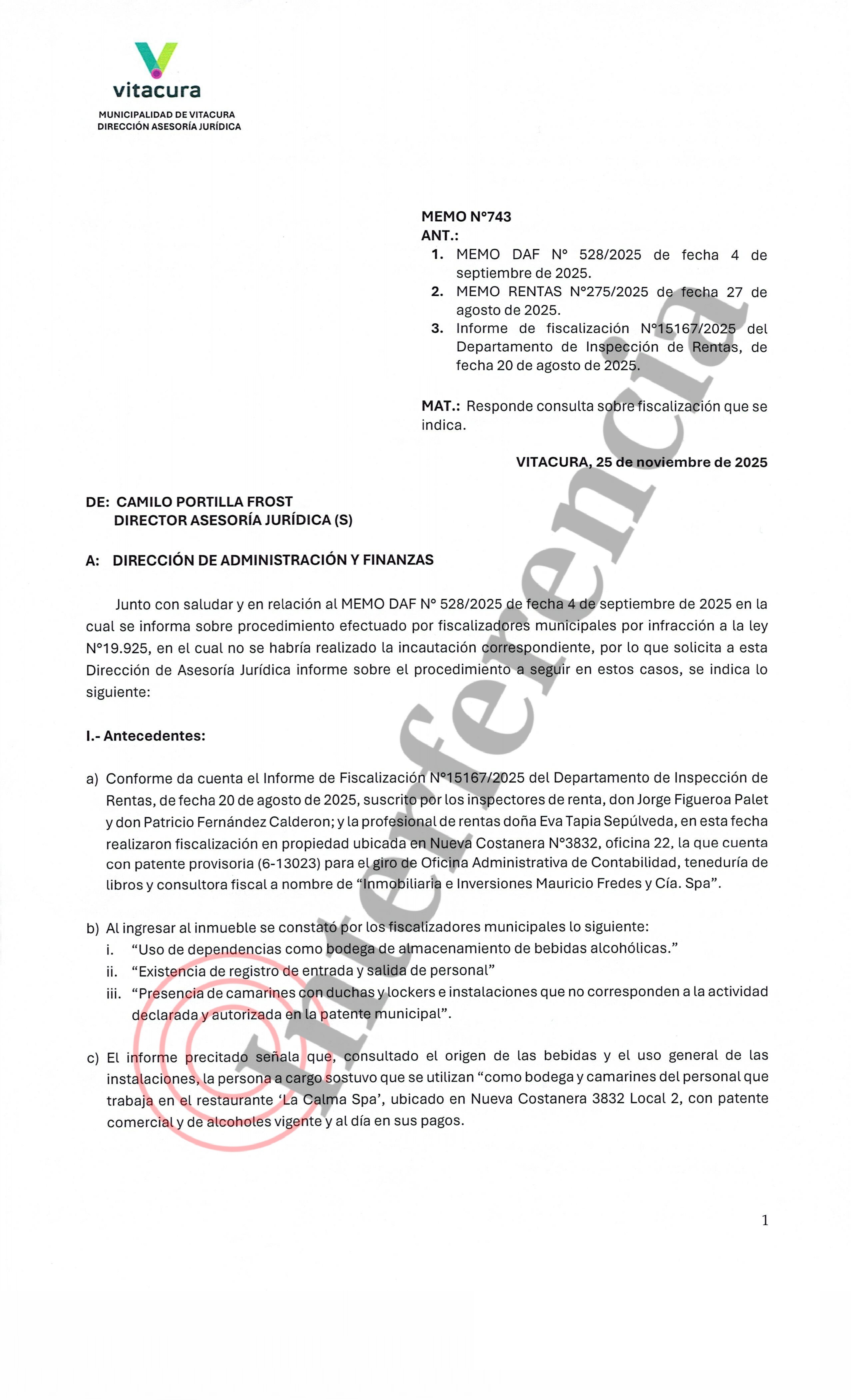 Memo de la División de Asesoría Jurídica, sobre el decomiso de alcoholes.