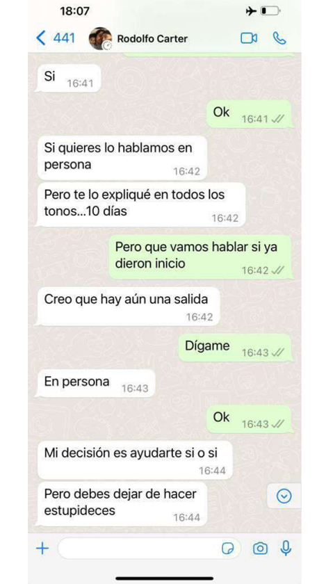 Mensaje de Carter a Janett Fernández.