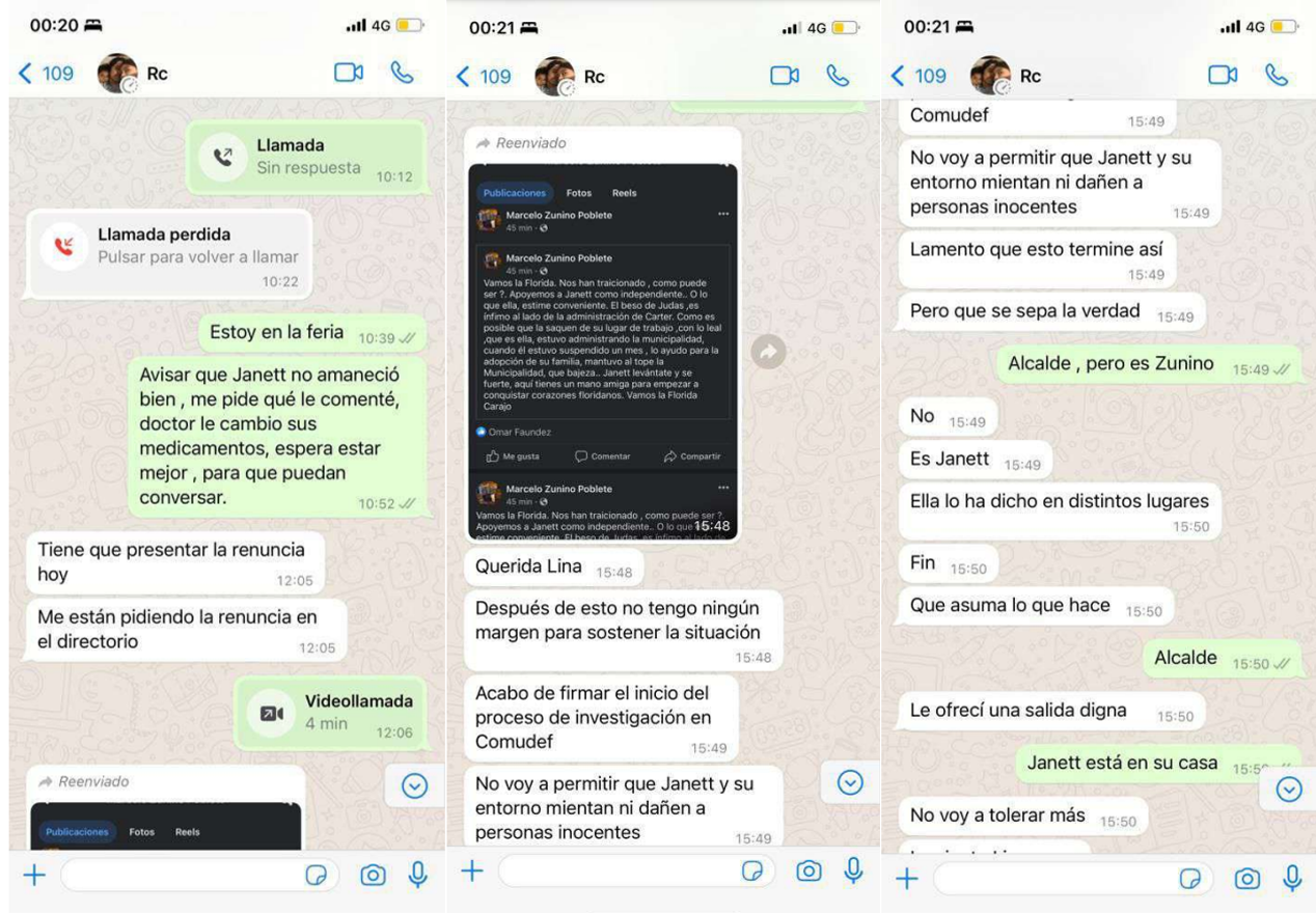 Mensajes entre Carter y la concejala Lina Ríos.