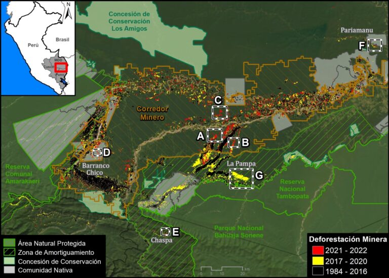 El mapa muestra la deforestación por minería aurífera en Madre de Dios. Fuente: MAAP. El mapa muestra la deforestación por minería aurífera en Madre de Dios. Fuente: MAAP.