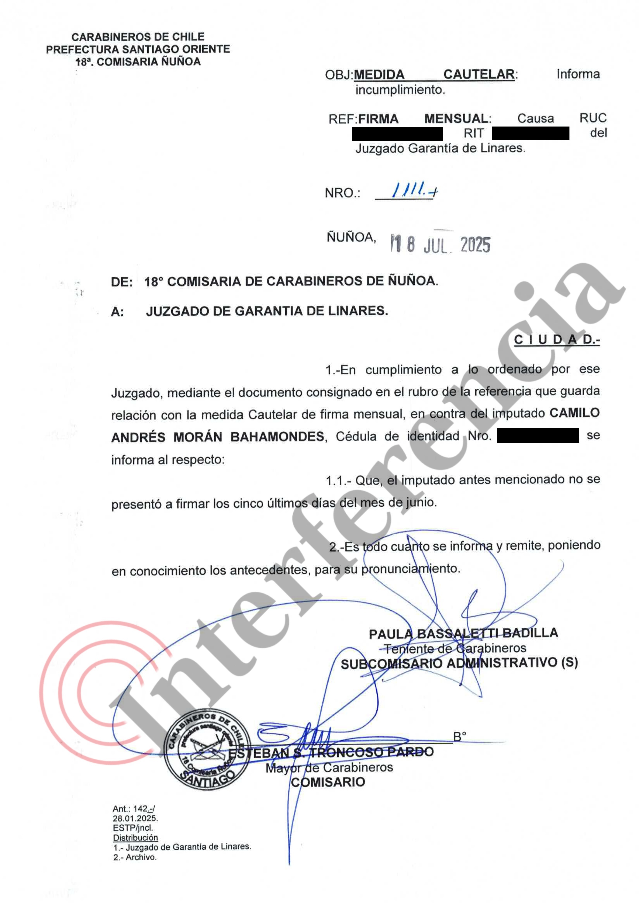 Carabineros reporta que Morán no cumplió con firma mensual en caso de falso aviso de bomba en cierre de campaña de Rodrigo Galilea (RN). Carabineros reporta que Morán no cumplió con firma mensual en caso de falso aviso de bomba en cierre de campaña de Rodrigo Galilea (RN).