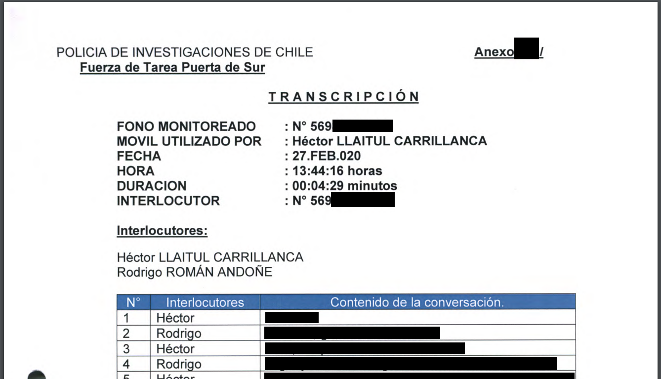 Extracto de una de las transcripciones de las conversaciones interceptadas entre Llaitul y Román Extracto de una de las transcripciones de las conversaciones interceptadas entre Llaitul y Román