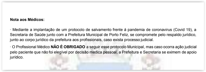 Extracto de la versión del protocolo de Porto Feliz, luego eliminado, habla de asesoramiento legal solo para quienes prescriben los medicamentos (Agencia Pública) Extracto de la versión del protocolo de Porto Feliz, luego eliminado, habla de asesoramiento legal solo para quienes prescriben los medicamentos (Agencia Pública)