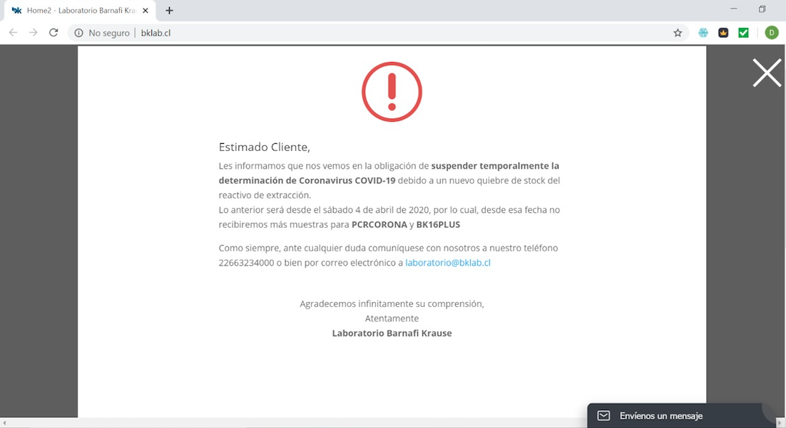 Captura de pantalla de este domingo 6 de abril de 2020 del sitio web del laboratorio Barnafi Krause. Este comunicado fue bajado del sitio luego de la publicación de este artículo. Captura de pantalla de este domingo 6 de abril de 2020 del sitio web del laboratorio Barnafi Krause. Este comunicado fue bajado del sitio luego de la publicación de este artículo.