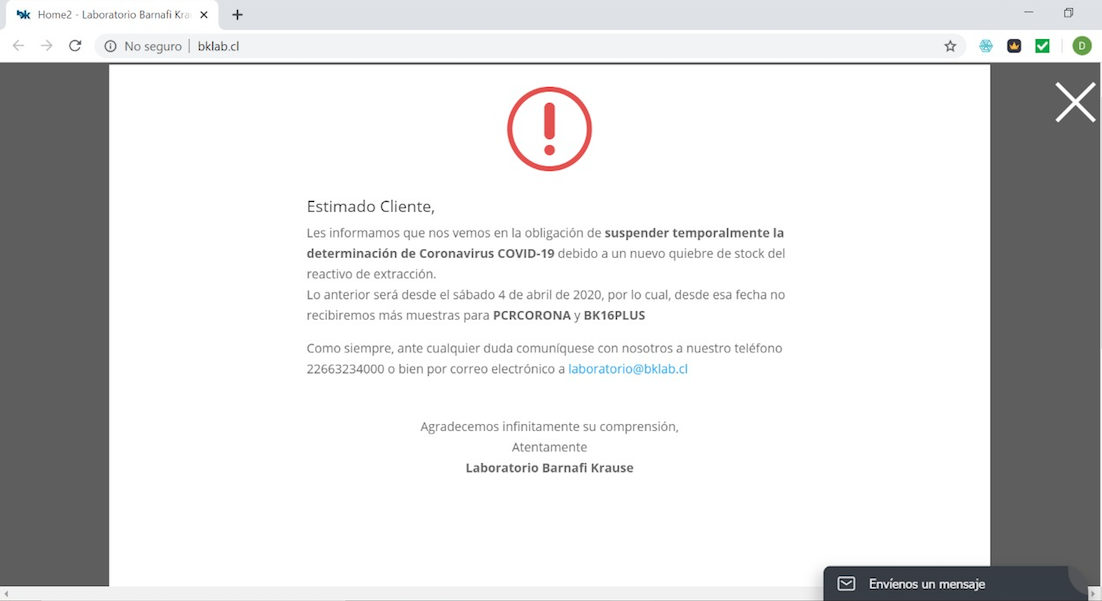 Captura de pantalla de este domingo 6 de abril de 2020 del sitio web del laboratorio Barnafi Krause. Este comunicado fue bajado del sitio luego de la publicación de este artículo.