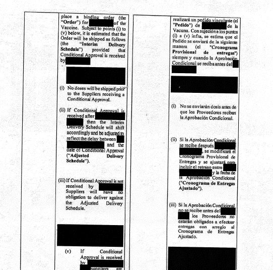 Una de las páginas del contrato de Pfizer con el Minsal. Una de las páginas del contrato de Pfizer con el Minsal.