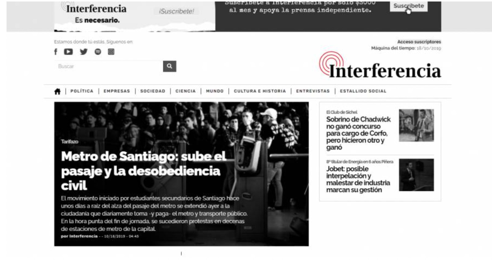 Portada Interferencia 18 de octubre. Portada Interferencia 18 de octubre.
