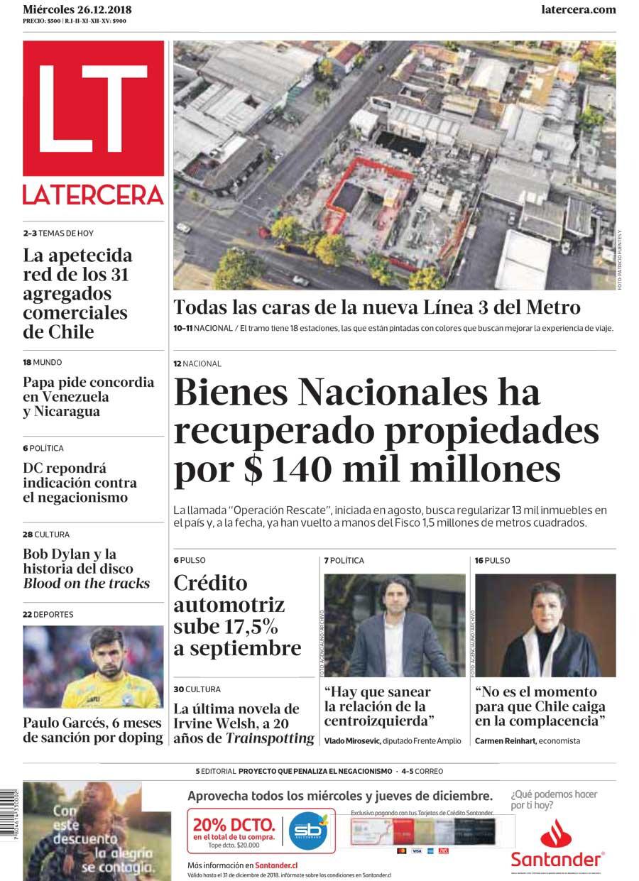 El artículo de Bienes Nacionales en la portada de La Tercera el 26 de diciembre de 2018. El artículo de Bienes Nacionales en la portada de La Tercera el 26 de diciembre de 2018.