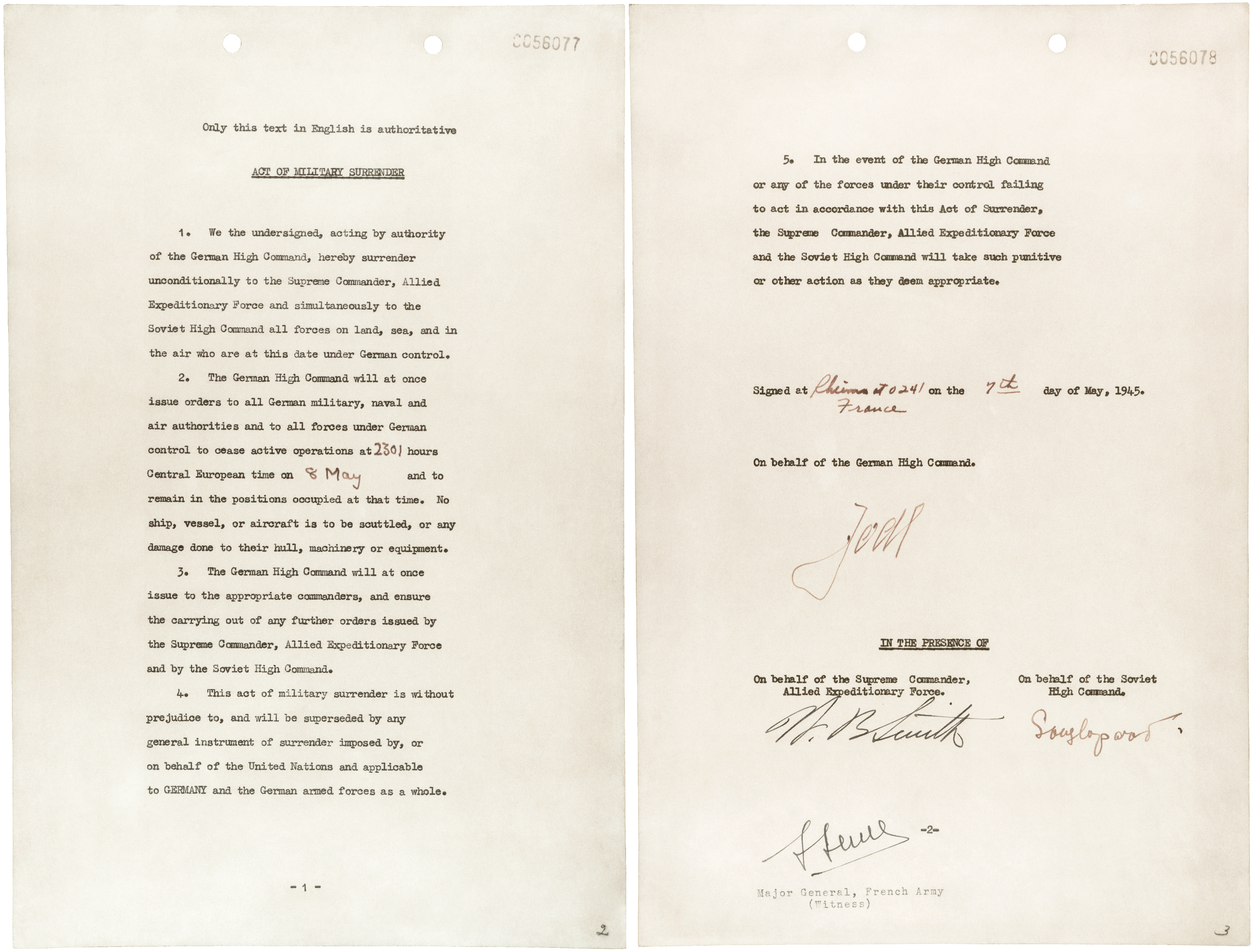 Primer documento de rendición firmado en Reims el 7 de mayo de 1945.