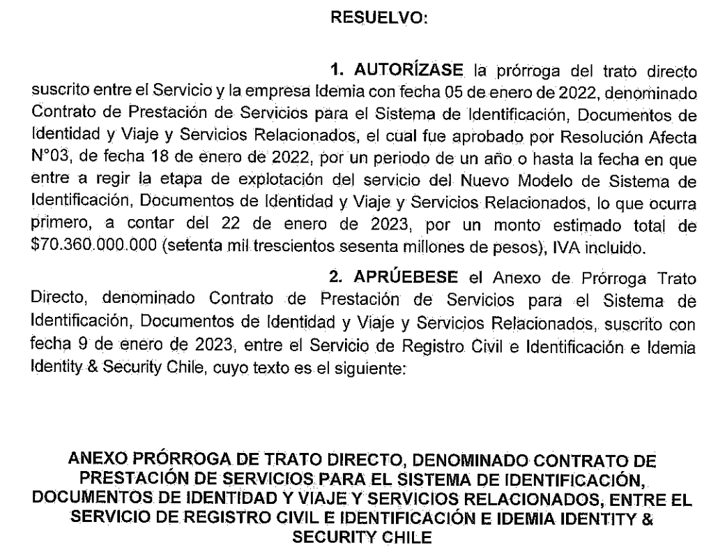 Prórroga trato directo con Idemia Prórroga trato directo con Idemia