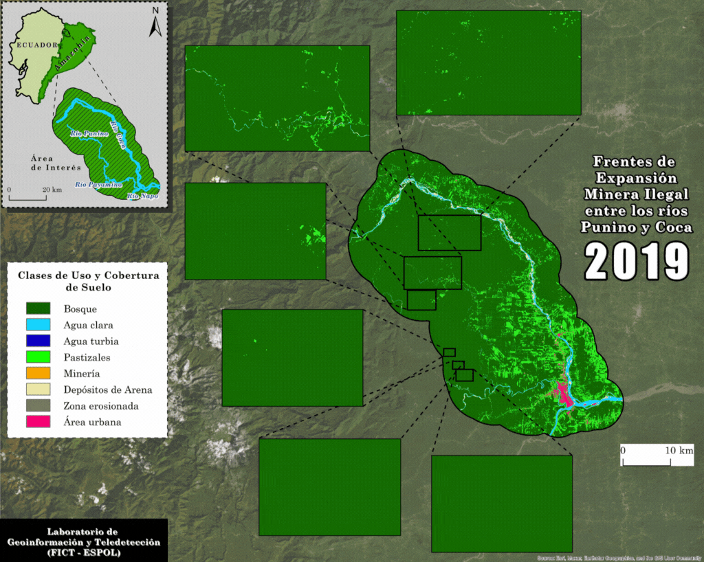 Expansión de los frentes de minería ilegal captada con imágenes satelitales. GIF: cortesía Laboratorio de Geoinformación y Teledetección de la Facultad de Ingeniería en Ciencias de la Tierra de la ESPOL