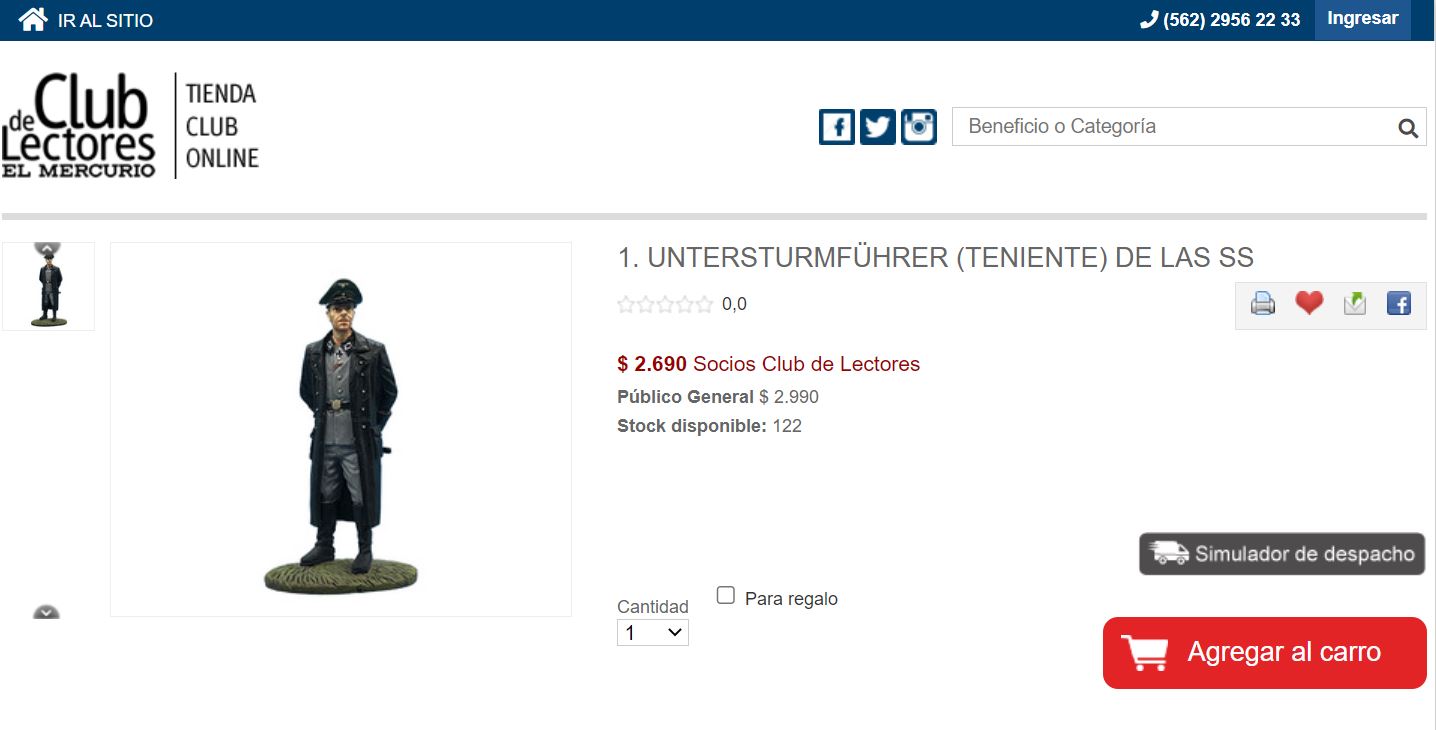 Soldado nazi de las SS, a la venta hasta ayer en tiendaclubdelectores.cl