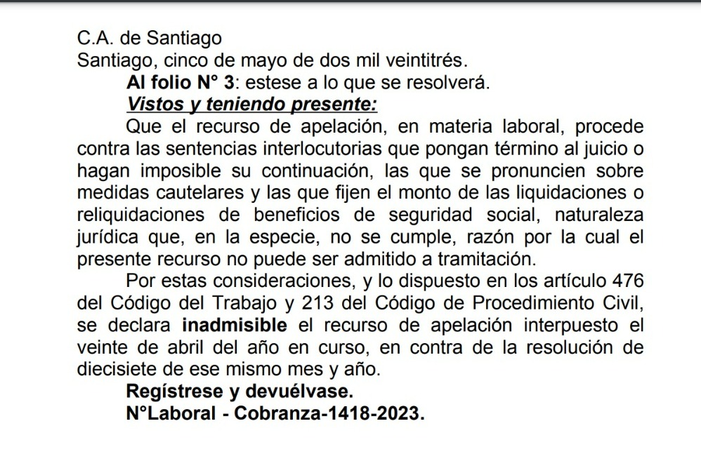 Corte de Apelaciones rechaza recurso de Santiago 2023. Corte de Apelaciones rechaza recurso de Santiago 2023.