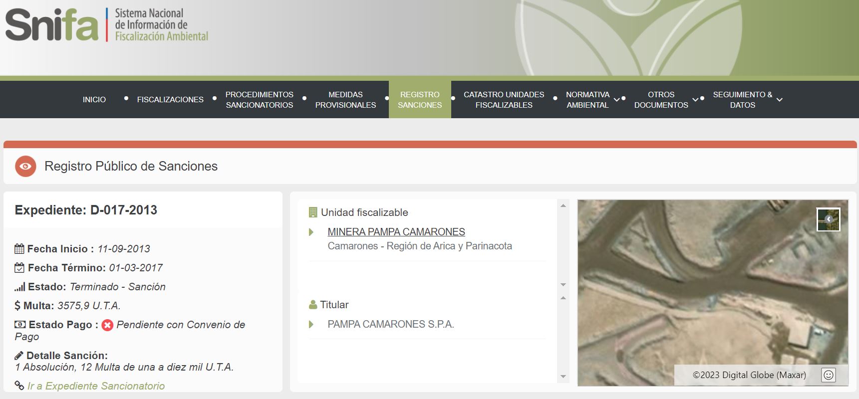 Registro Público de Sanciones a Pampa Camarones. Fuente: SNIFA