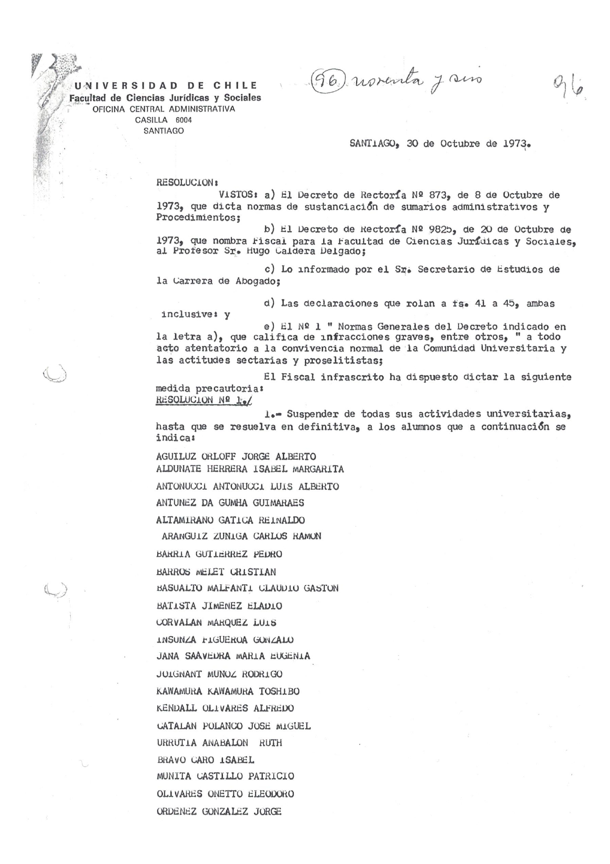 Resolución de suspensión de alumnos de Derecho UCh en 1973.