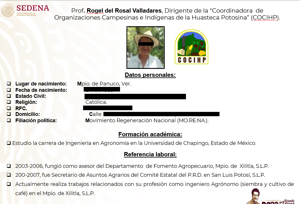 Ficha de líderes sociales seguidos por Sedena (censura añadida). Ficha de líderes sociales seguidos por Sedena (censura añadida).