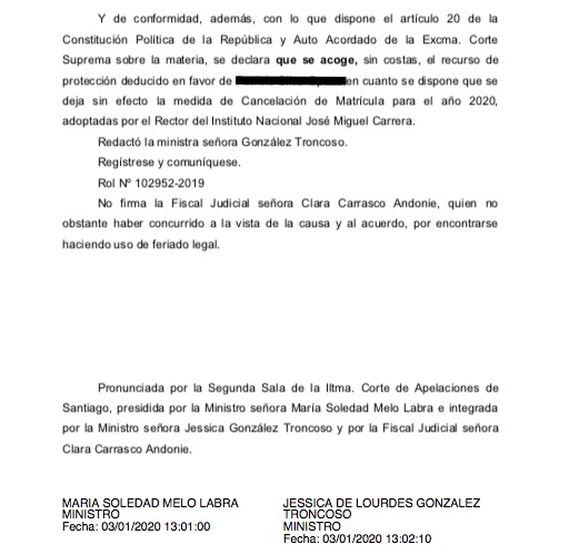 La sentencia de la Corte de Apelaciones de Santiago que deja sin efecto la medida de cancelación de la matrícula en contra del estudiante. La sentencia de la Corte de Apelaciones de Santiago que deja sin efecto la medida de cancelación de la matrícula en contra del estudiante.