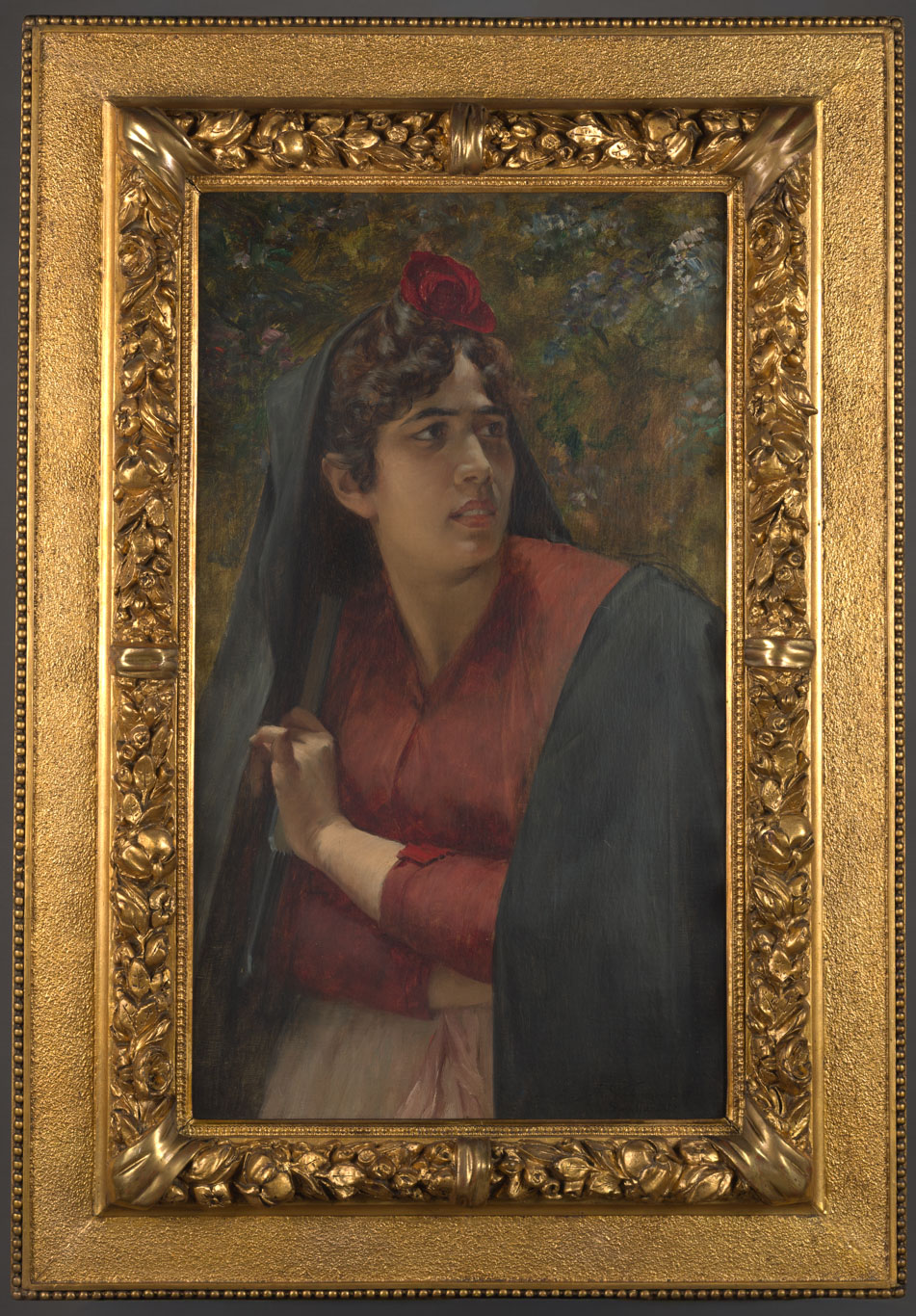 Figura con rosa o Sevillana con flor (1890) de Alberto Valenzuela Puelma.