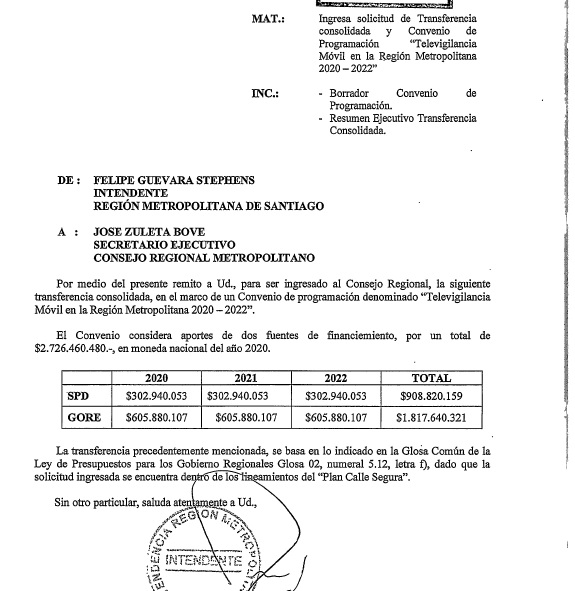 Solicitud de la Intendencia al Gore