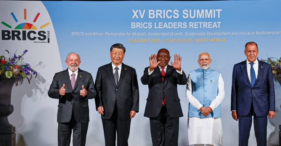 Lula Da Silva; Xi Jinping, Ramaphosa; Narendra Modi y Sergey Lavrov. Foto: Ricardo Stuckert / PR
