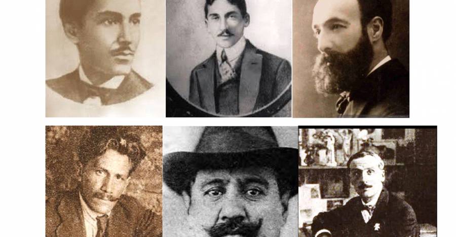 Anarquistas destacados: arriba, de izquierda a derecha, Domingo Gómez Rojas, Carlos Pezoa Véliz, Manuel Magallanes Moure; abajo, Julio Rebosio, Benito Rebolledo, Augusto D’Halmar