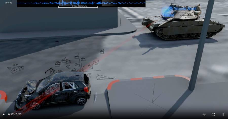 Modelación 3-D del ataque del tanque al vehículo donde fueron encontrados Hind y sus 6 familiares. Fuente: FA, Earshot